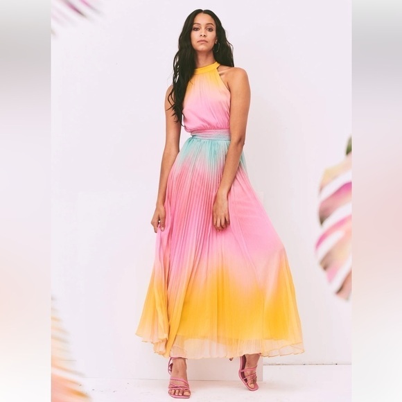 Rococo Sand Maxi dress women M Zale Halter Pink Multicolor Vacation Tropical - Picture 3 of 13